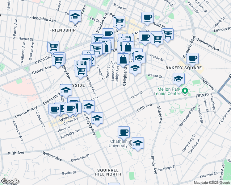 map of restaurants, bars, coffee shops, grocery stores, and more near 5920 Walnut Street in Pittsburgh