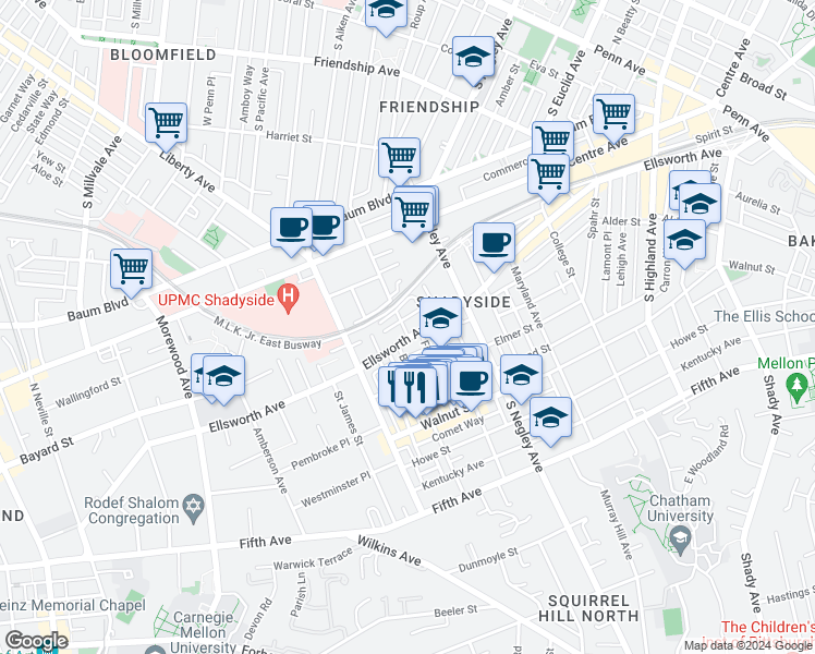 map of restaurants, bars, coffee shops, grocery stores, and more near 5510 Ellsworth Avenue in Pittsburgh