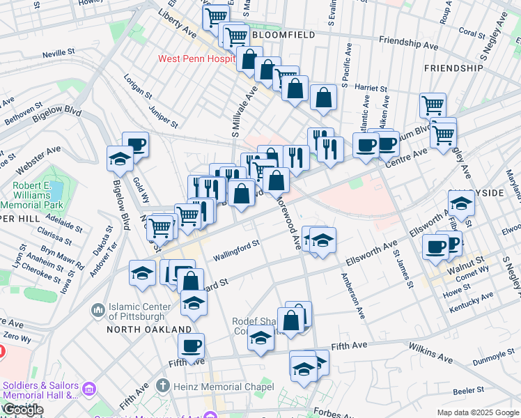 map of restaurants, bars, coffee shops, grocery stores, and more near 4920 Centre Avenue in Pittsburgh