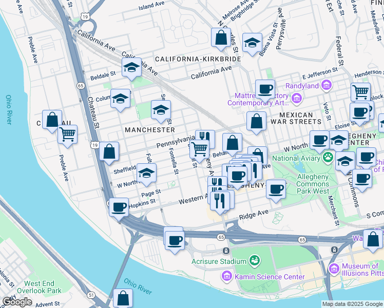 map of restaurants, bars, coffee shops, grocery stores, and more near 1106 Bidwell Street in Pittsburgh