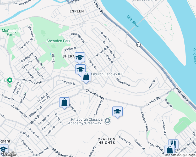 map of restaurants, bars, coffee shops, grocery stores, and more near 2762 Bergman Street in Pittsburgh