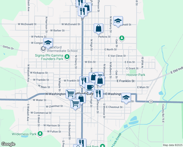 map of restaurants, bars, coffee shops, grocery stores, and more near 316 North High Street in Hartford City