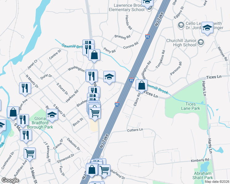 map of restaurants, bars, coffee shops, grocery stores, and more near 3108 Cedar Village Boulevard in East Brunswick