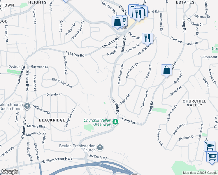 map of restaurants, bars, coffee shops, grocery stores, and more near 714 Beulah Road in Pittsburgh