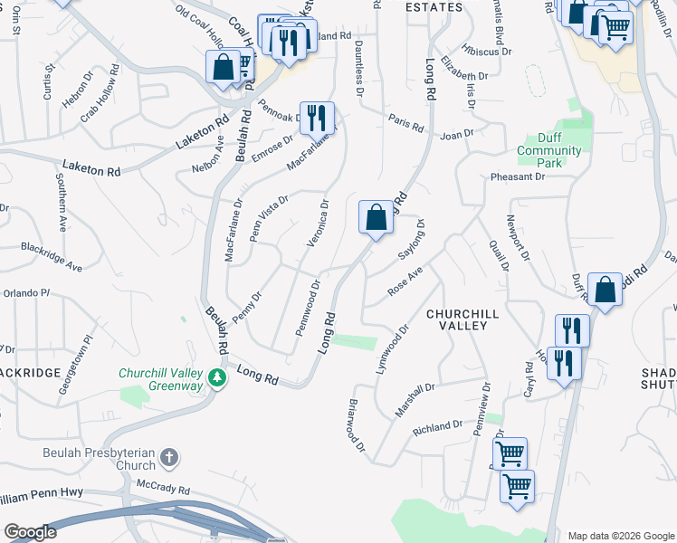 map of restaurants, bars, coffee shops, grocery stores, and more near 920 Pentland Drive in Penn Hills