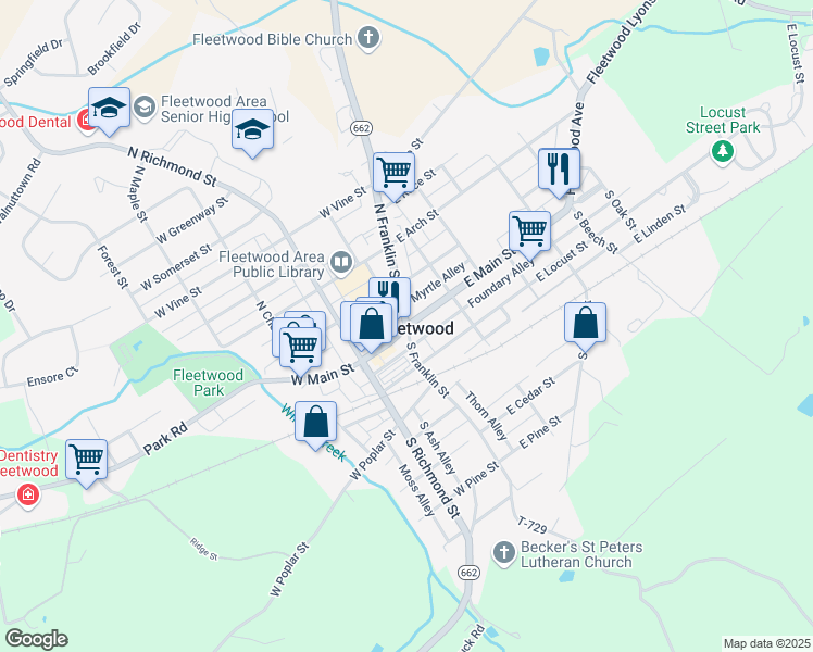 map of restaurants, bars, coffee shops, grocery stores, and more near N Franklin St & W Main St in Fleetwood