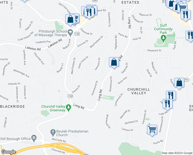 map of restaurants, bars, coffee shops, grocery stores, and more near 636 Pennwood Drive in Pittsburgh