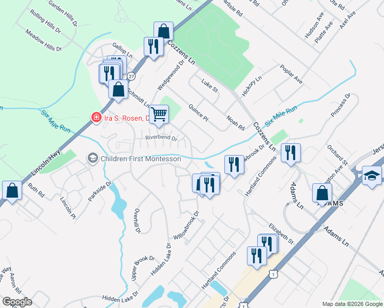 map of restaurants, bars, coffee shops, grocery stores, and more near 1034 Schmidt Lane in North Brunswick
