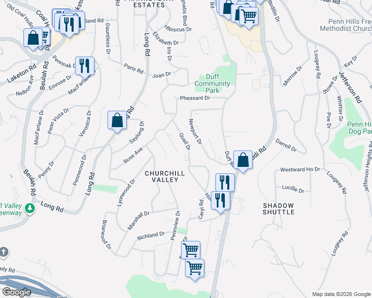 map of restaurants, bars, coffee shops, grocery stores, and more near 185 Quail Drive in Pittsburgh
