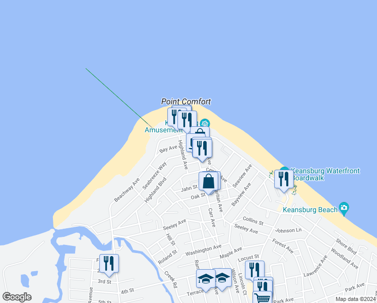 map of restaurants, bars, coffee shops, grocery stores, and more near 23 Seabreeze Way in Keansburg