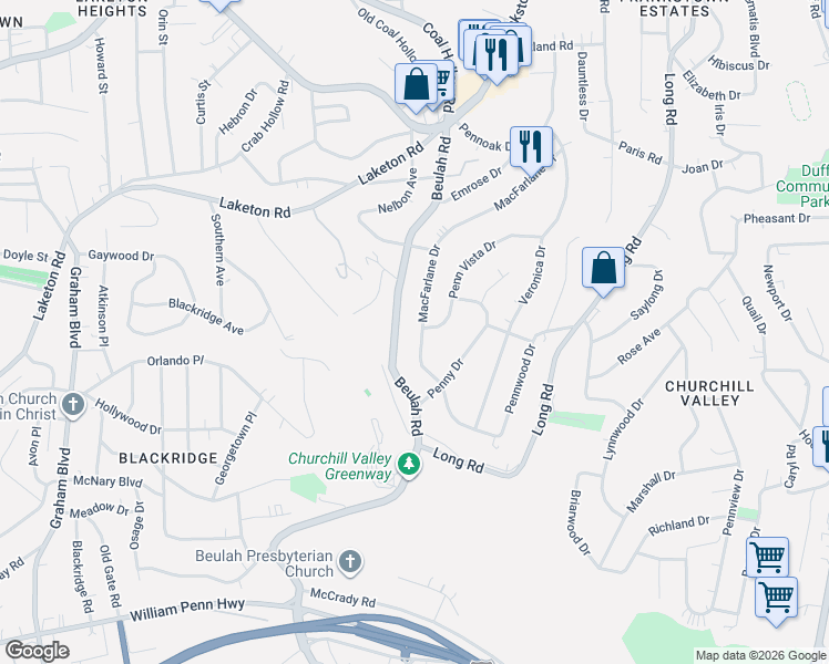 map of restaurants, bars, coffee shops, grocery stores, and more near 719 Macfarlane Drive in Pittsburgh