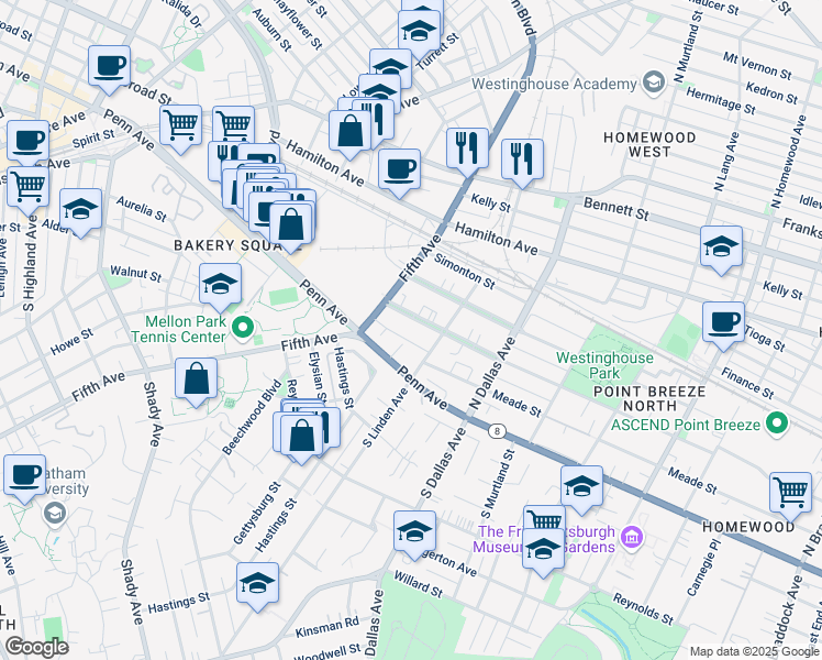 map of restaurants, bars, coffee shops, grocery stores, and more near 107 Point Breeze Place in Pittsburgh