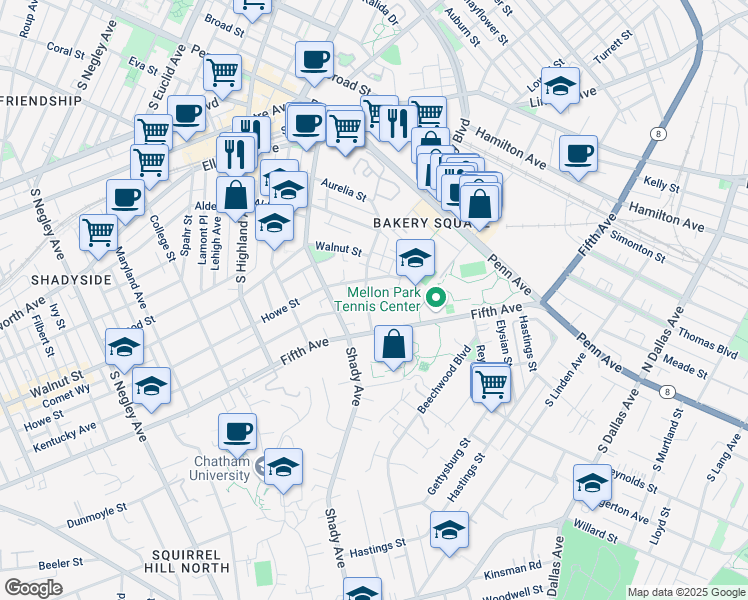map of restaurants, bars, coffee shops, grocery stores, and more near 432 Denniston Street in Pittsburgh