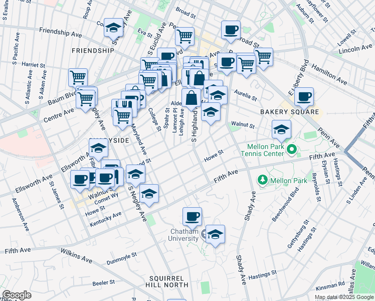 map of restaurants, bars, coffee shops, grocery stores, and more near 5920 Walnut Street in Pittsburgh
