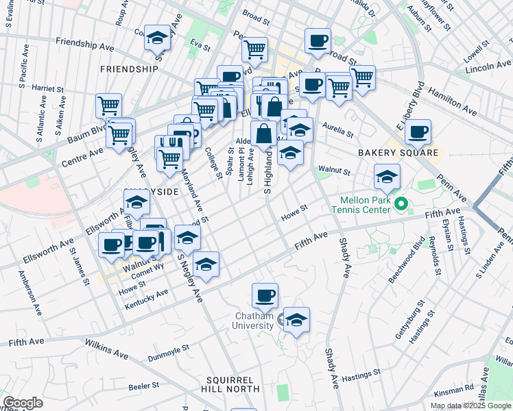 map of restaurants, bars, coffee shops, grocery stores, and more near 5920 Walnut Street in Pittsburgh