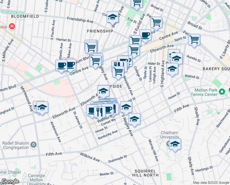 map of restaurants, bars, coffee shops, grocery stores, and more near 5611 Elmer Street in Pittsburgh