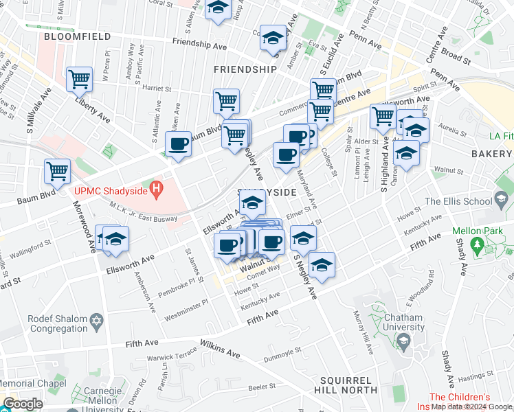 map of restaurants, bars, coffee shops, grocery stores, and more near 601 Filbert Street in Pittsburgh