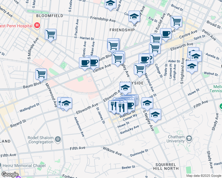 map of restaurants, bars, coffee shops, grocery stores, and more near 5510 Ellsworth Avenue in Pittsburgh