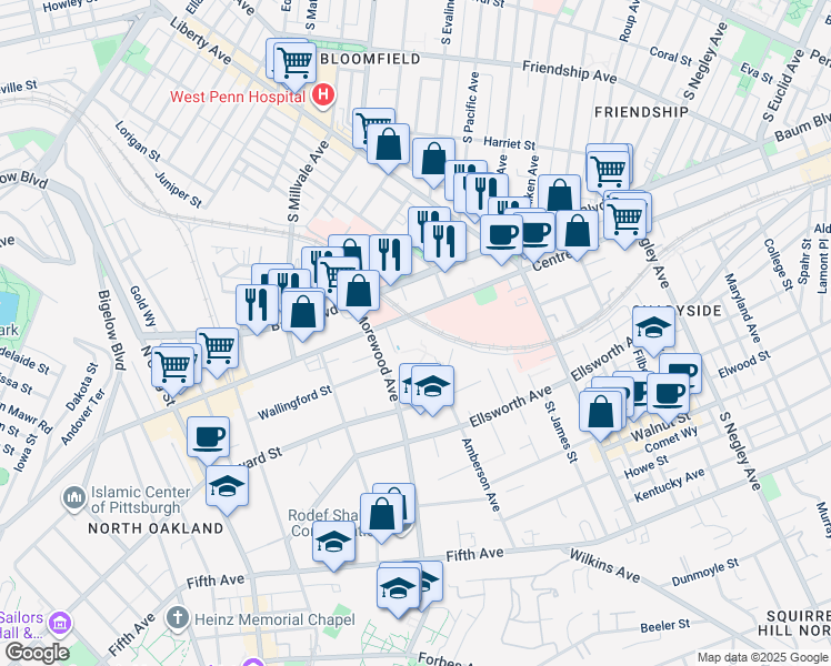 map of restaurants, bars, coffee shops, grocery stores, and more near 2 Bayard Road in Pittsburgh