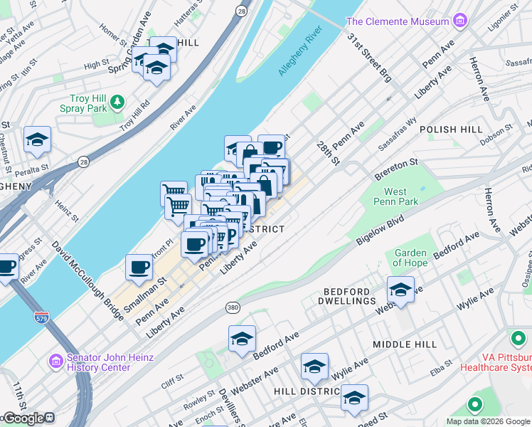 map of restaurants, bars, coffee shops, grocery stores, and more near in Pittsburgh