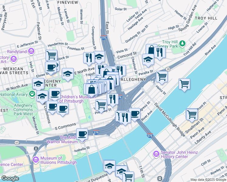 map of restaurants, bars, coffee shops, grocery stores, and more near in Pittsburgh