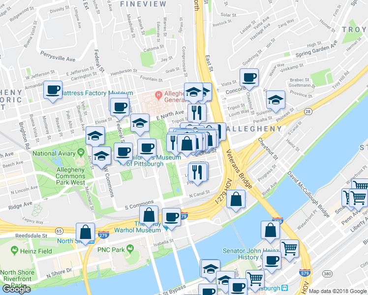 map of restaurants, bars, coffee shops, grocery stores, and more near 414 East Ohio Street in Pittsburgh