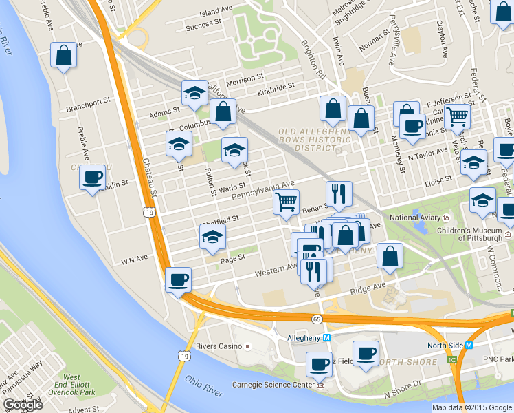map of restaurants, bars, coffee shops, grocery stores, and more near 1123 Sheffield Street in Pittsburgh