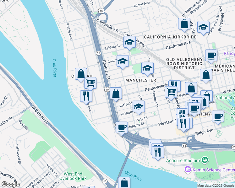 map of restaurants, bars, coffee shops, grocery stores, and more near 1300 Chateau Street in Pittsburgh
