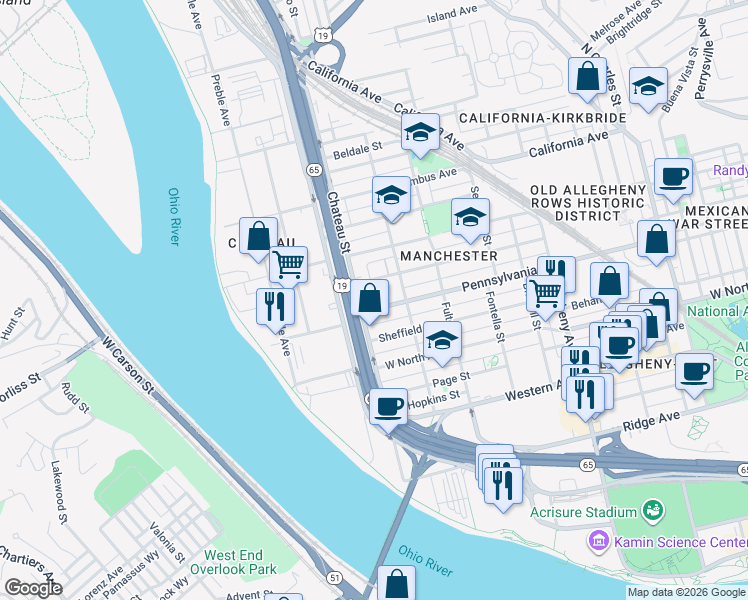 map of restaurants, bars, coffee shops, grocery stores, and more near 1300 Chateau Street in Pittsburgh