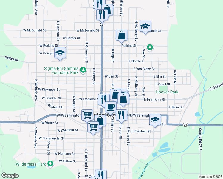 map of restaurants, bars, coffee shops, grocery stores, and more near 316 North High Street in Hartford City