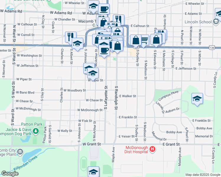 map of restaurants, bars, coffee shops, grocery stores, and more near 512 South Randolph Street in Macomb