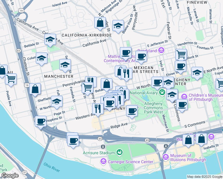 map of restaurants, bars, coffee shops, grocery stores, and more near 907 West North Avenue in Pittsburgh