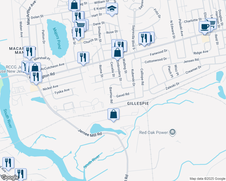 map of restaurants, bars, coffee shops, grocery stores, and more near 10 Baumer Road in Sayreville