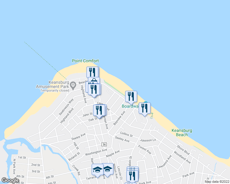 map of restaurants, bars, coffee shops, grocery stores, and more near 126 Beachway Avenue in Keansburg