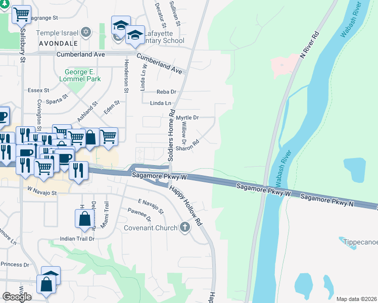 map of restaurants, bars, coffee shops, grocery stores, and more near 2552 Soldiers Home Rd in West Lafayette