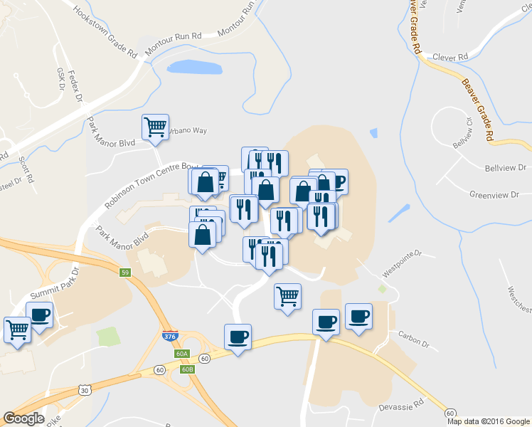 map of restaurants, bars, coffee shops, grocery stores, and more near 100 Robinson Center Drive in Pittsburgh