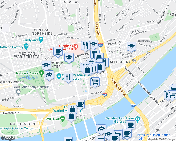 map of restaurants, bars, coffee shops, grocery stores, and more near 421 Foreland Street in Pittsburgh
