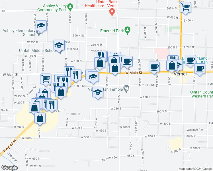map of restaurants, bars, coffee shops, grocery stores, and more near 600 West 100 South in Vernal