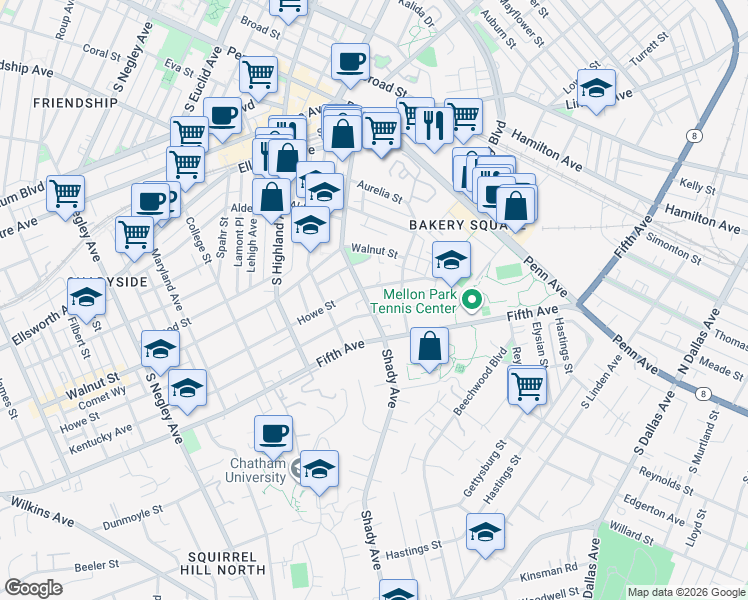 map of restaurants, bars, coffee shops, grocery stores, and more near 600 Shady Avenue in Pittsburgh