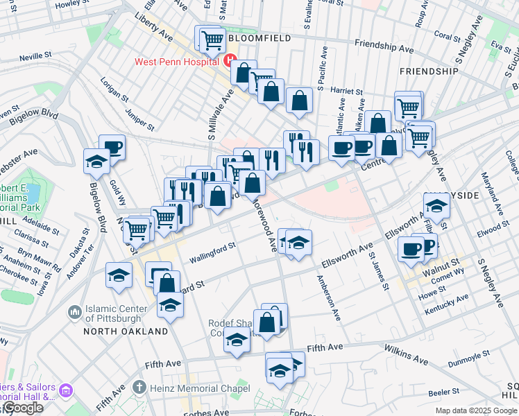 map of restaurants, bars, coffee shops, grocery stores, and more near Centre Ave & Morewood Ave in Pittsburgh
