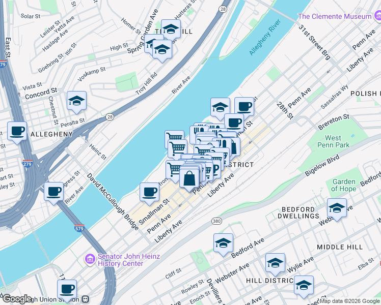 map of restaurants, bars, coffee shops, grocery stores, and more near 2239 Railroad Street in Pittsburgh