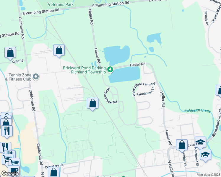 map of restaurants, bars, coffee shops, grocery stores, and more near 57 Wagon Wheel Road in Quakertown