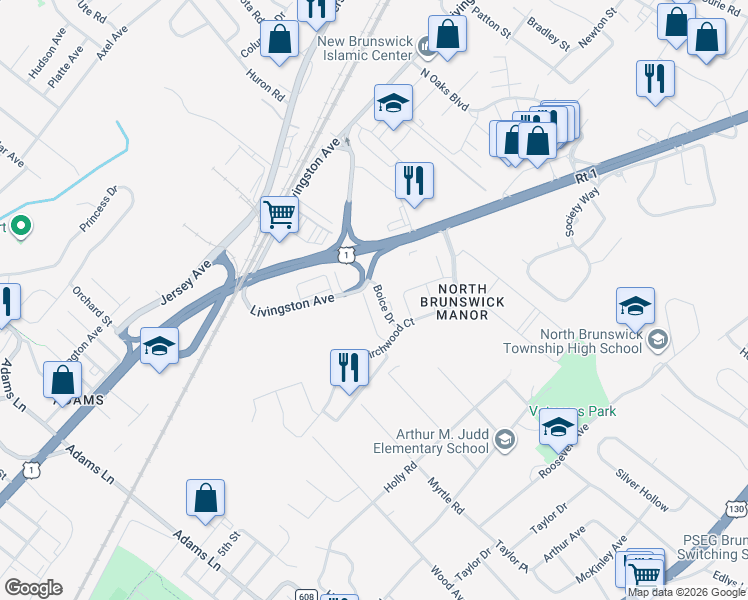 map of restaurants, bars, coffee shops, grocery stores, and more near 4805 Boice Drive in North Brunswick Township