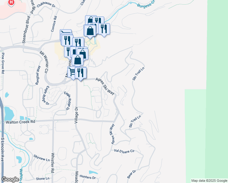 map of restaurants, bars, coffee shops, grocery stores, and more near 2540 Apres Ski Way in Steamboat Springs