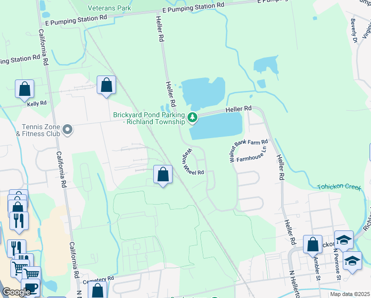 map of restaurants, bars, coffee shops, grocery stores, and more near 59 Wagon Wheel Road in Quakertown