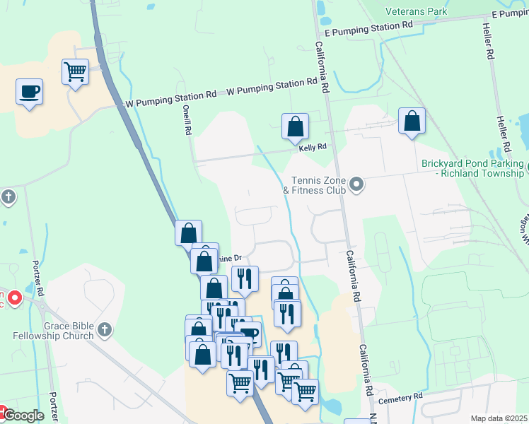 map of restaurants, bars, coffee shops, grocery stores, and more near 212 Cedar Drive in Quakertown