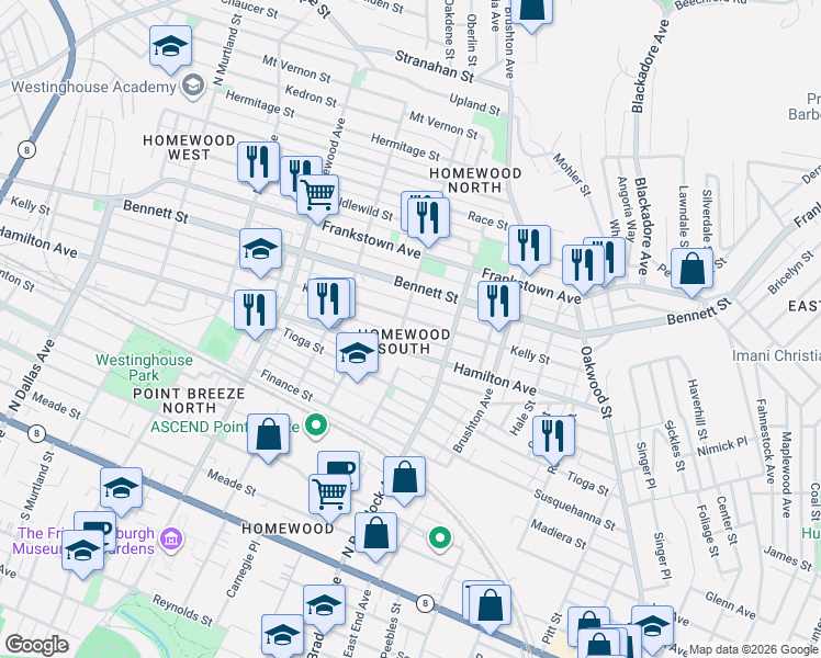 map of restaurants, bars, coffee shops, grocery stores, and more near in Pittsburgh