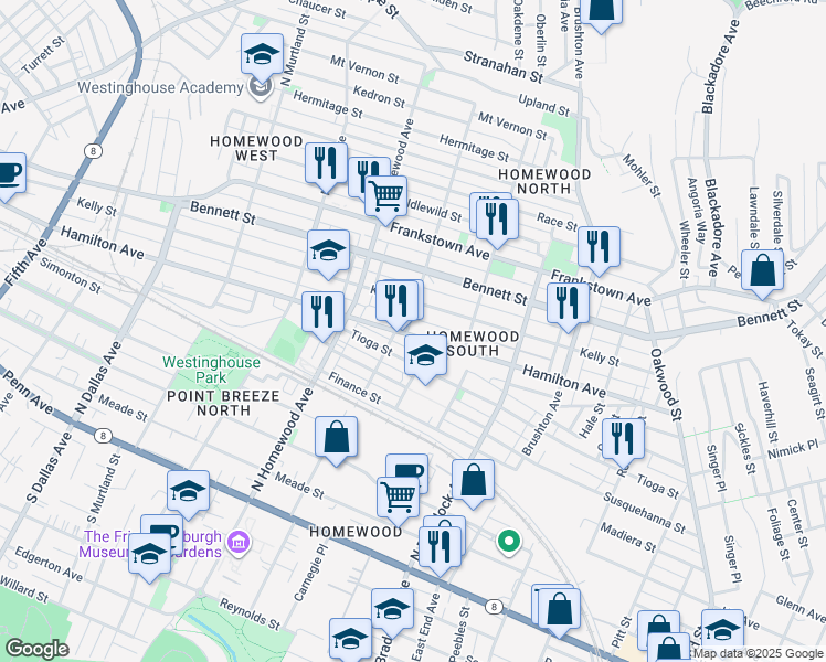 map of restaurants, bars, coffee shops, grocery stores, and more near 562 North Dunfermline Street in Pittsburgh
