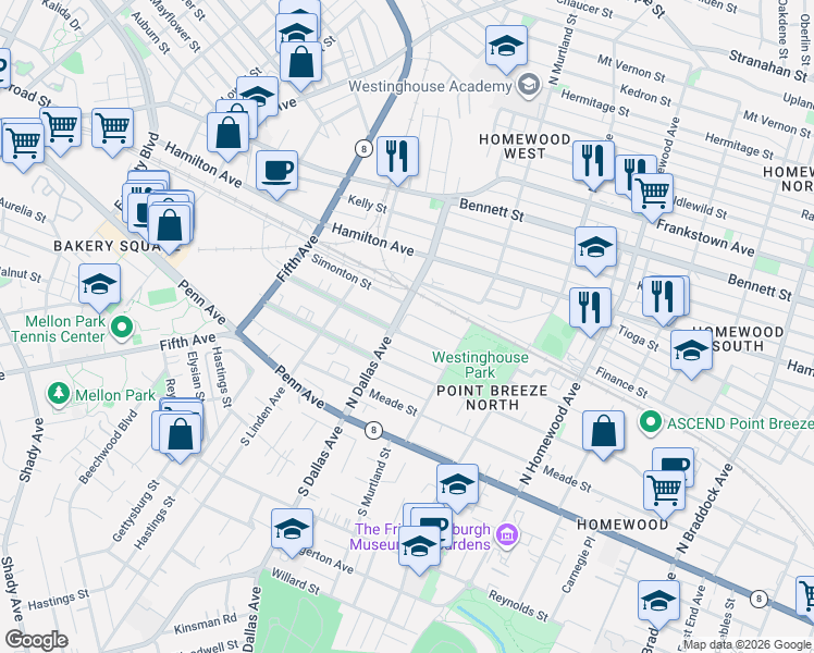 map of restaurants, bars, coffee shops, grocery stores, and more near 6938 McPherson Boulevard in Pittsburgh