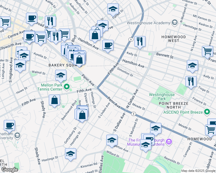 map of restaurants, bars, coffee shops, grocery stores, and more near 107 Point Breeze Place in Pittsburgh